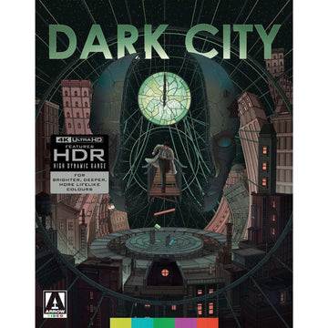 Dark City Limited Edition 4K UHD cover featuring surreal cityscape with large clock and shadowy figure, high dynamic range HDR logo visible.