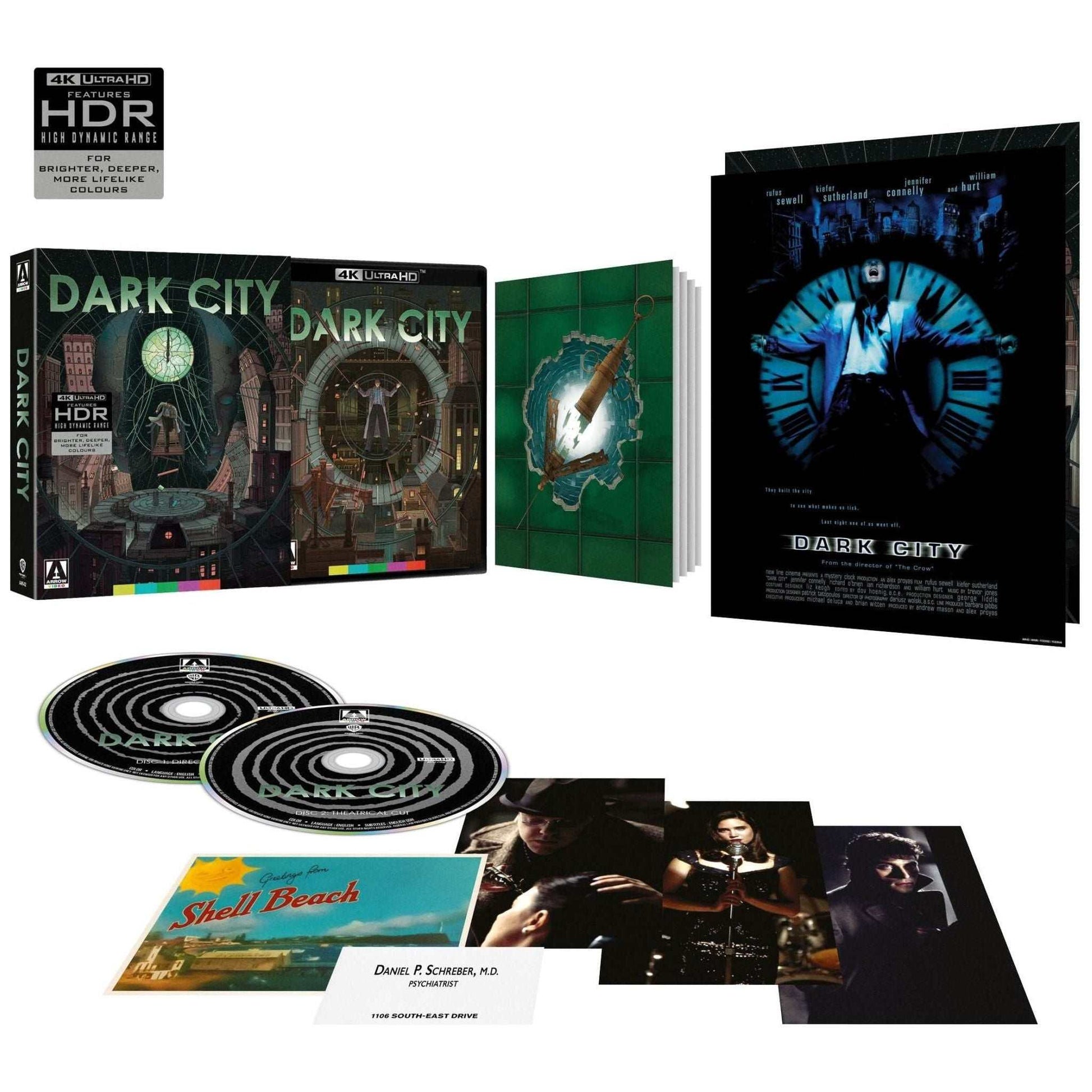 Dark City Limited Edition 4K UHD set with rigid slipcase, two discs, collector's book, poster, art cards, and extras.