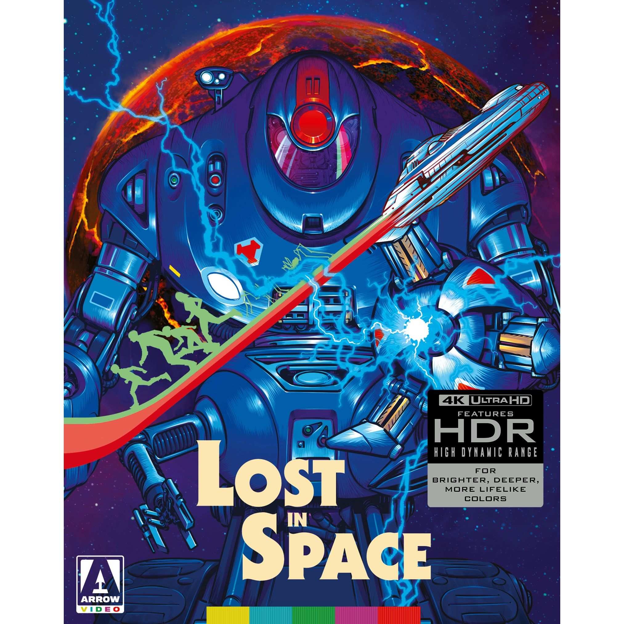 Lost In Space 4K UHD Blu-ray cover art featuring a giant robot, spaceship, and lightning with vibrant colors and HDR label