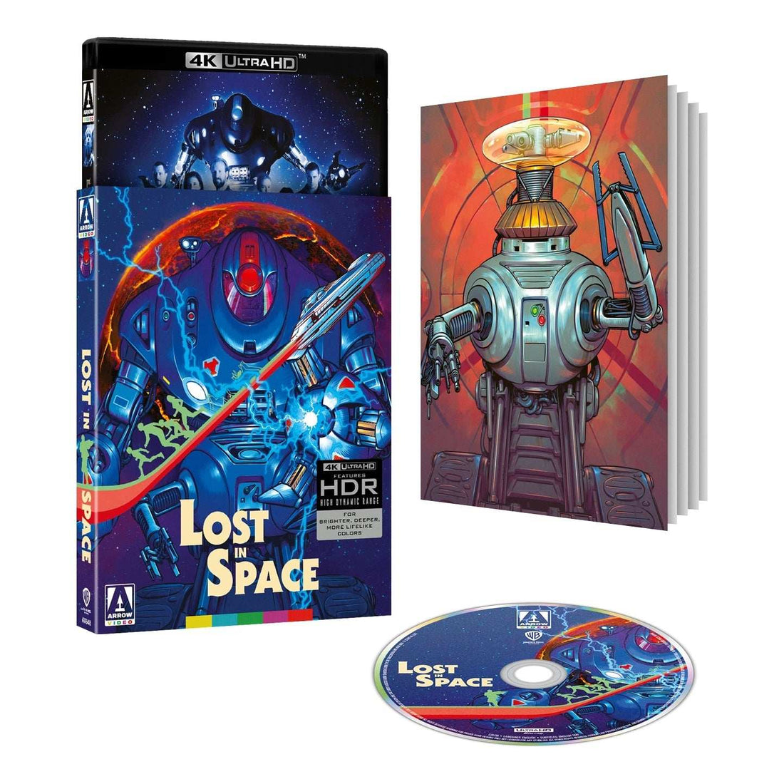 Lost In Space 4K UHD Blu-ray cover art featuring a giant robot, spaceship, and lightning with vibrant colors and HDR label