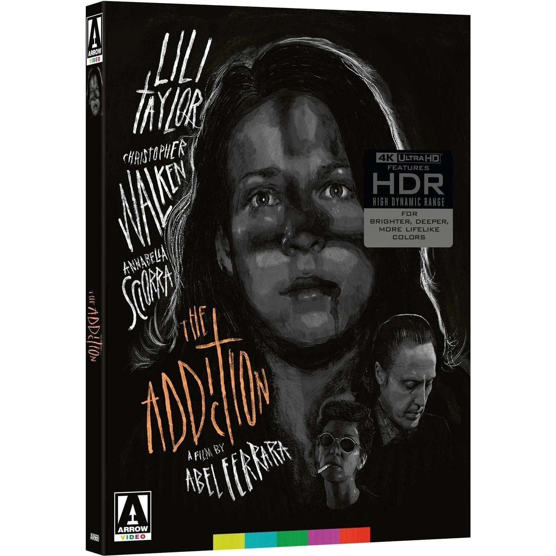 The Addiction Limited Edition 4K UHD Blu-ray with slipcover and booklet featuring Lili Taylor, Christopher Walken, and Annabella Sciorra in a black and white vampire film by Abel Ferrara, restored in 4K HDR.