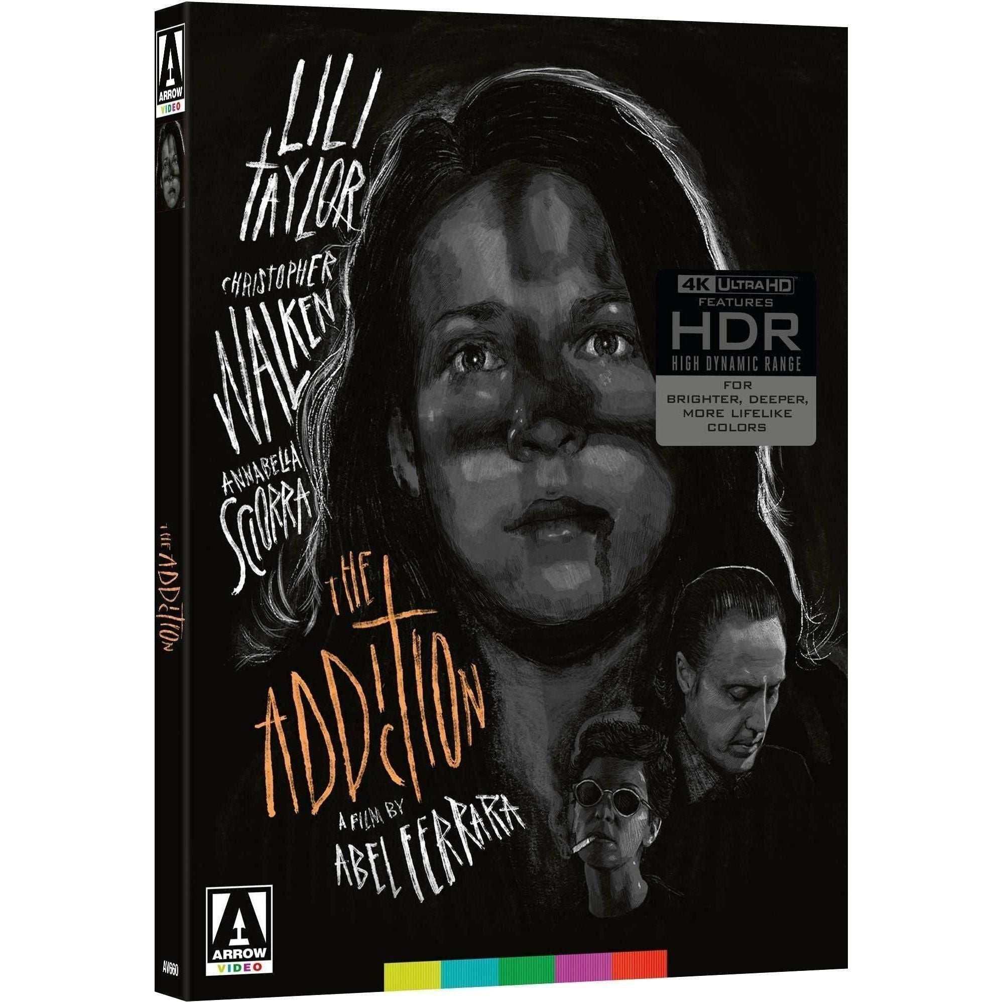 The Addiction Limited Edition 4K UHD Blu-ray with slipcover and booklet featuring Lili Taylor, Christopher Walken, and Annabella Sciorra in a black and white vampire film by Abel Ferrara, restored in 4K HDR.
