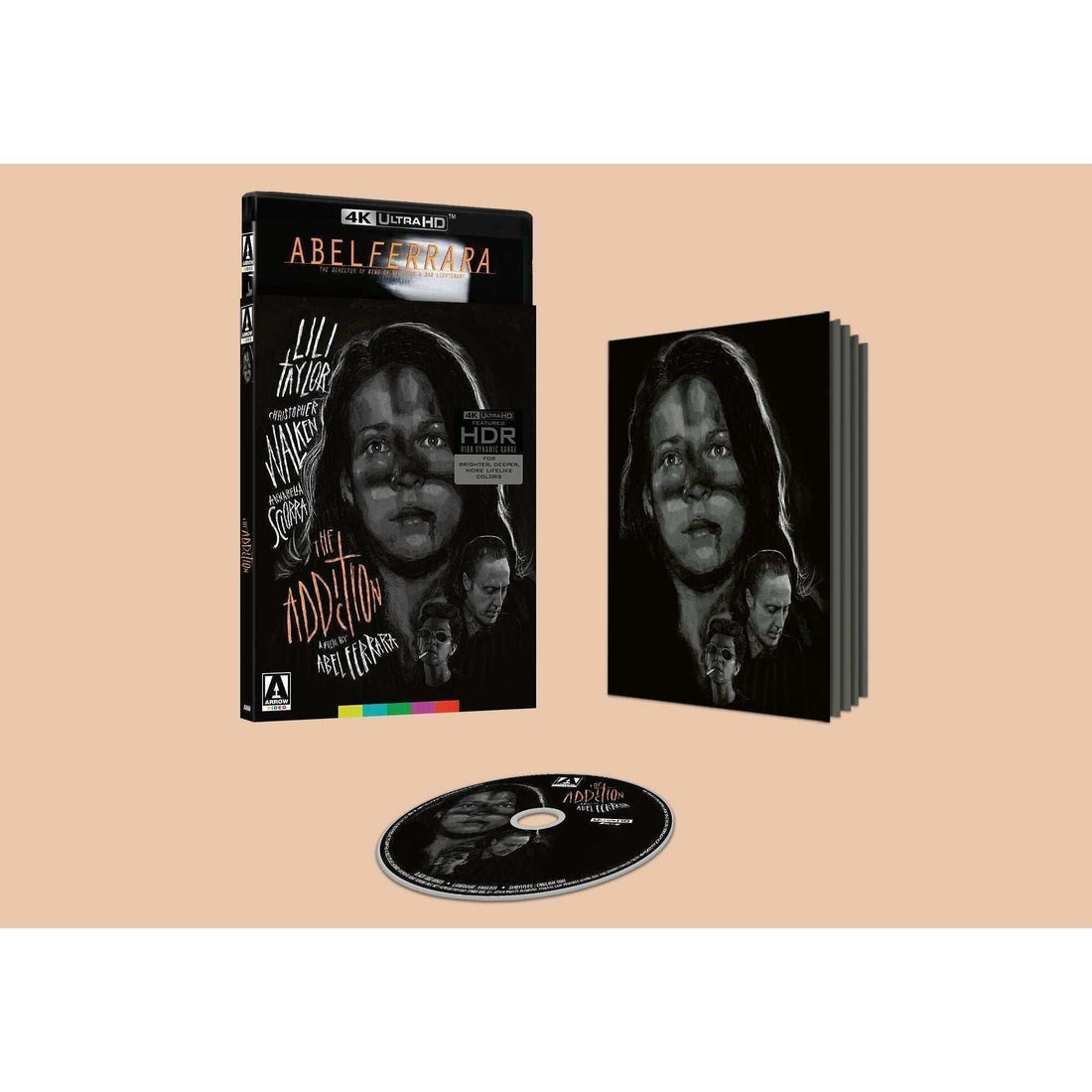 The Addiction Limited Edition 4K UHD Blu-ray with slipcover and booklet featuring Lili Taylor, Christopher Walken, and Annabella Sciorra in a black and white vampire film by Abel Ferrara, restored in 4K HDR.