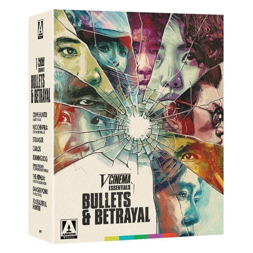 V-Cinema Essentials: Bullets & Betrayal Blu-Ray Limited Edition Box Set with striking illustrated cover featuring multiple characters' faces behind a shattered glass design.