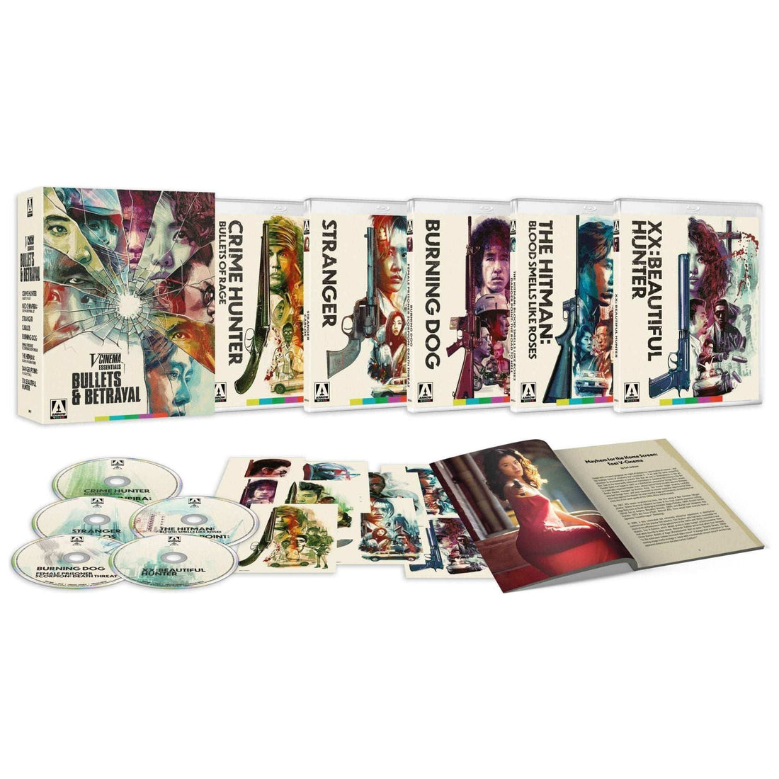 V-Cinema Essentials: Bullets & Betrayal Blu-Ray Limited Edition Box Set with striking illustrated cover featuring multiple characters' faces behind a shattered glass design.