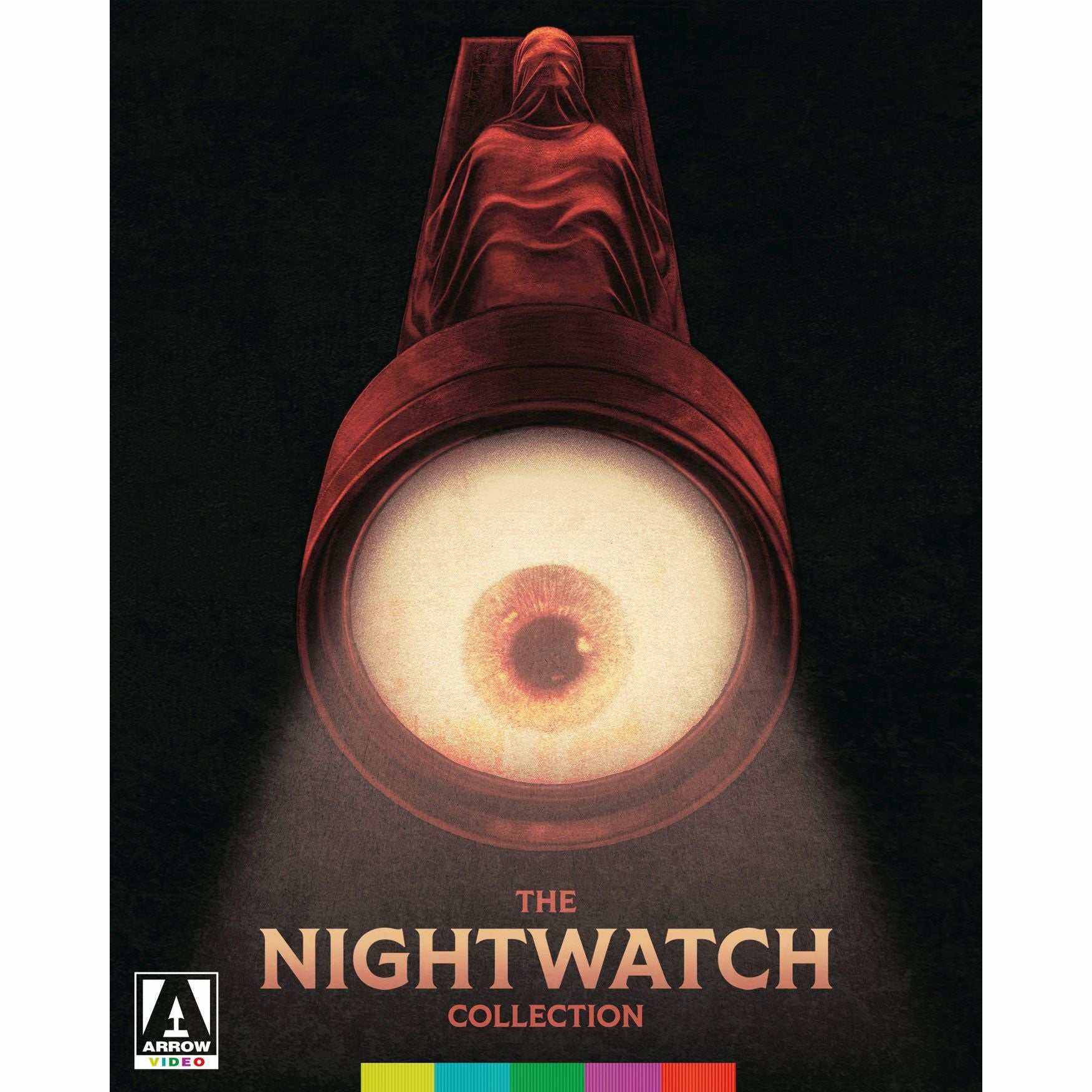 The Nightwatch Collection Limited Edition Blu-Ray cover featuring a red cloaked figure with a large eye lens spotlight illustration against a black background.
