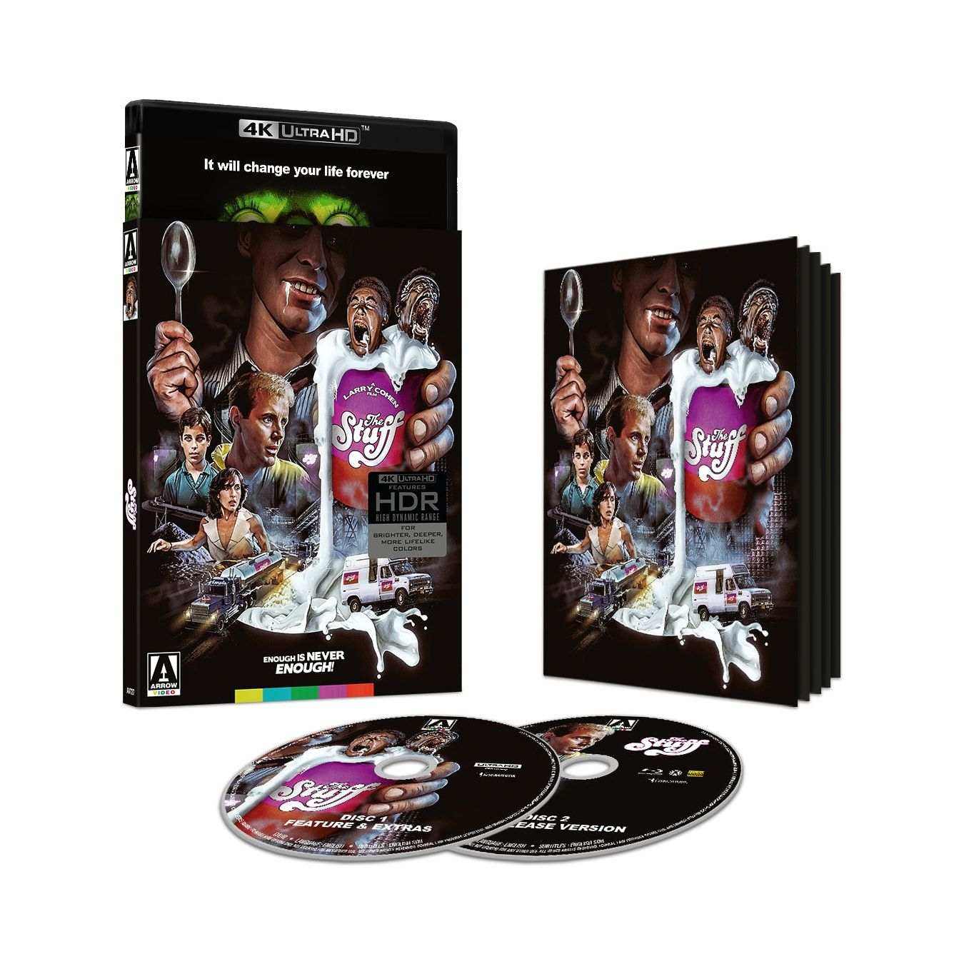 The Stuff Limited Edition 4K UHD Blu-Ray with slipcover, booklet, and two discs featuring new artwork.