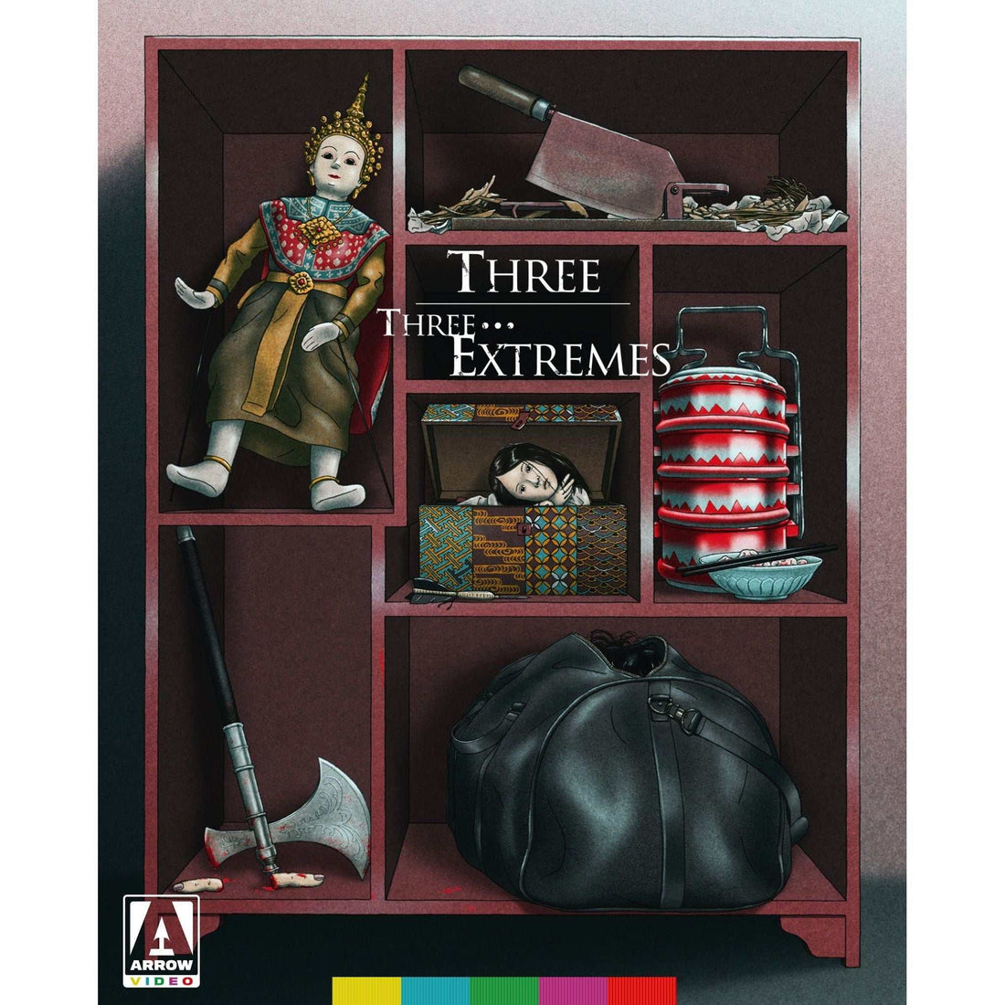 Three ... Extremes Limited Edition Blu-ray cover featuring eerie objects including a traditional doll, cleaver, axe, and black bag in a wooden compartmentalized shelf design.