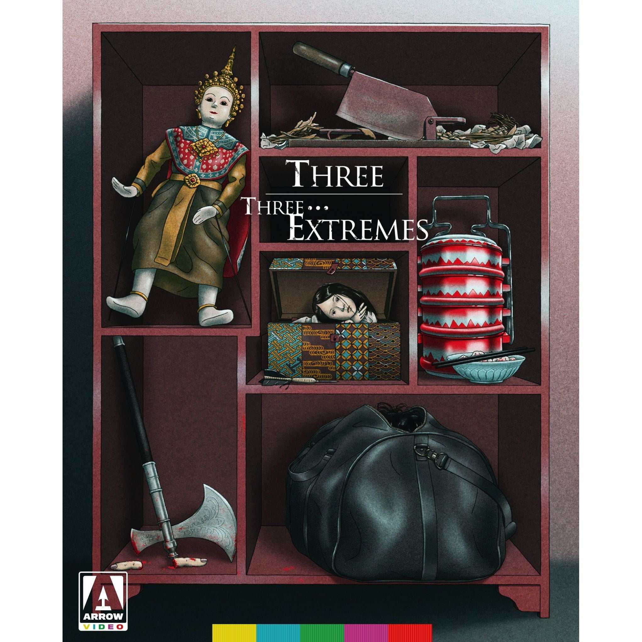 Three ... Extremes Limited Edition Blu-ray cover featuring eerie objects including a traditional doll, cleaver, axe, and black bag in a wooden compartmentalized shelf design.