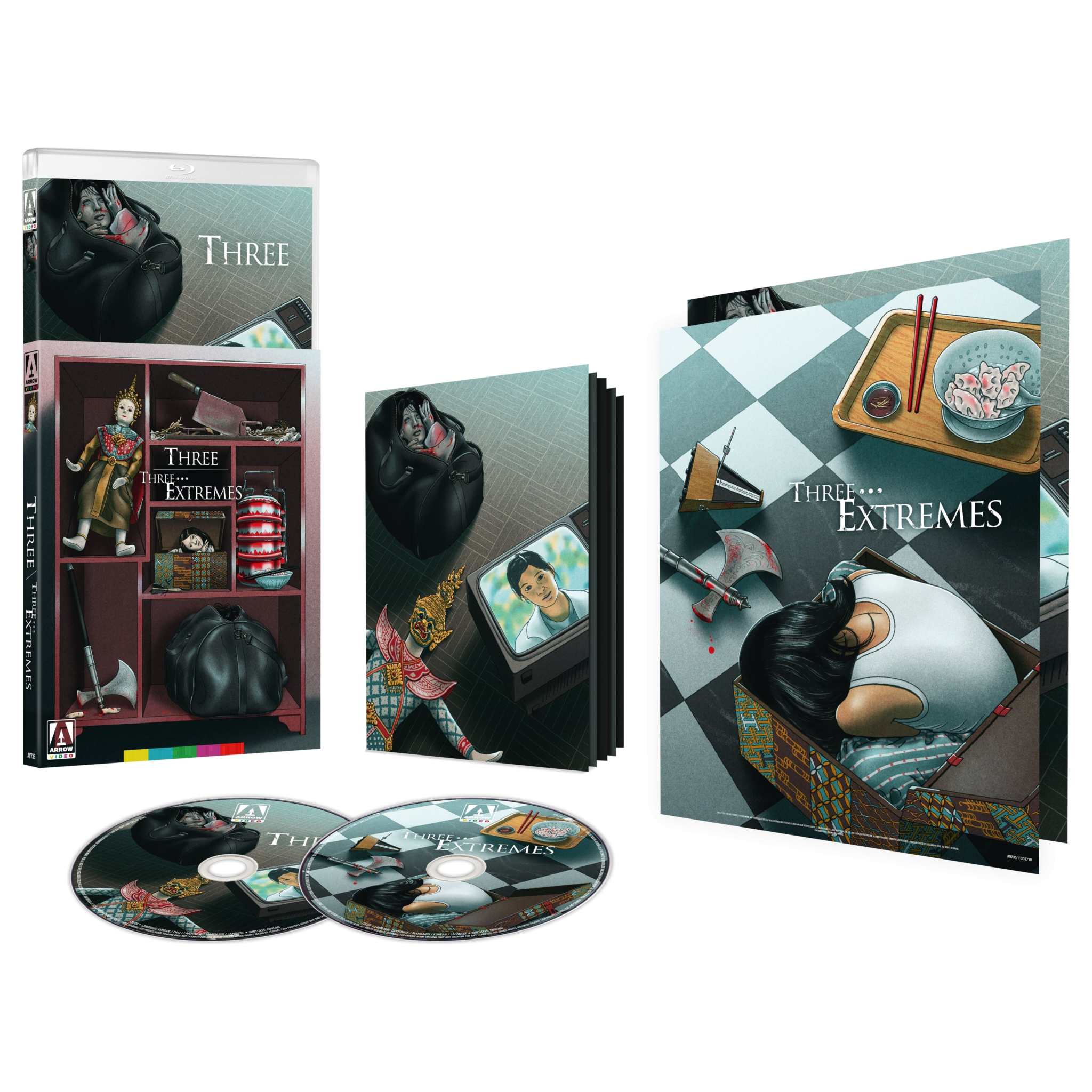 Three ... Extremes Limited Edition Blu-ray set with slipcover, illustrated booklet, double-sided poster, and two discs featuring restored Asian horror anthology films and special extras.