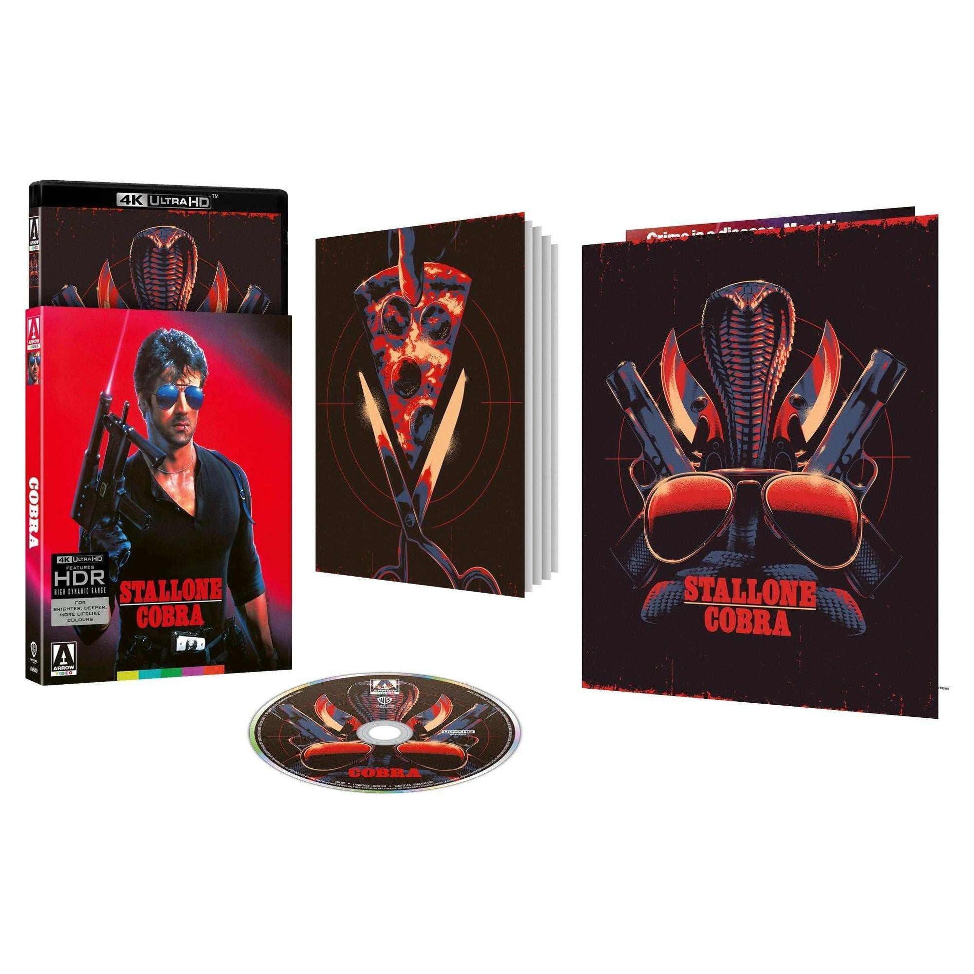 Cobra Limited Edition 4K UHD set with slipcover and extras, featuring Stallone art and bonus content.