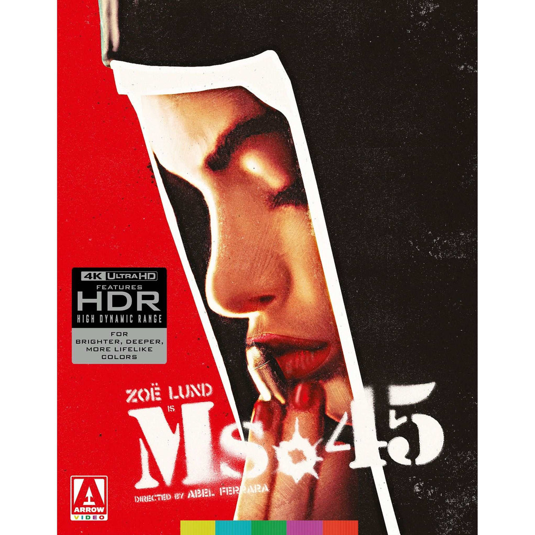 Ms. 45 Limited Edition 4K UHD Blu-ray cover featuring a close-up of a woman's face and fingers against a red and black background with HDR and Arrow Video logos.
