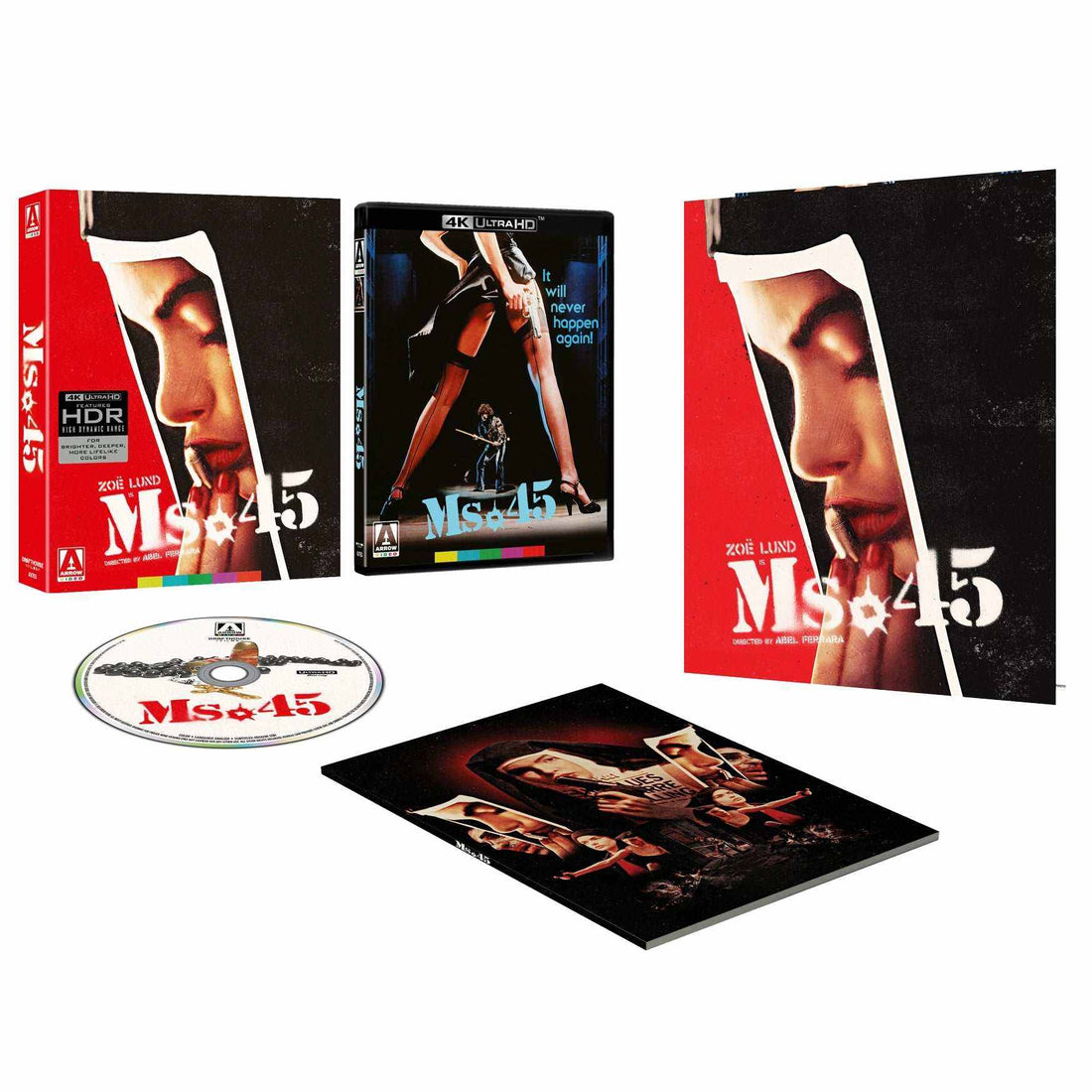 Ms. 45 Limited Edition 4K UHD Blu-ray cover featuring a close-up of a woman's face and fingers against a red and black background with HDR and Arrow Video logos.