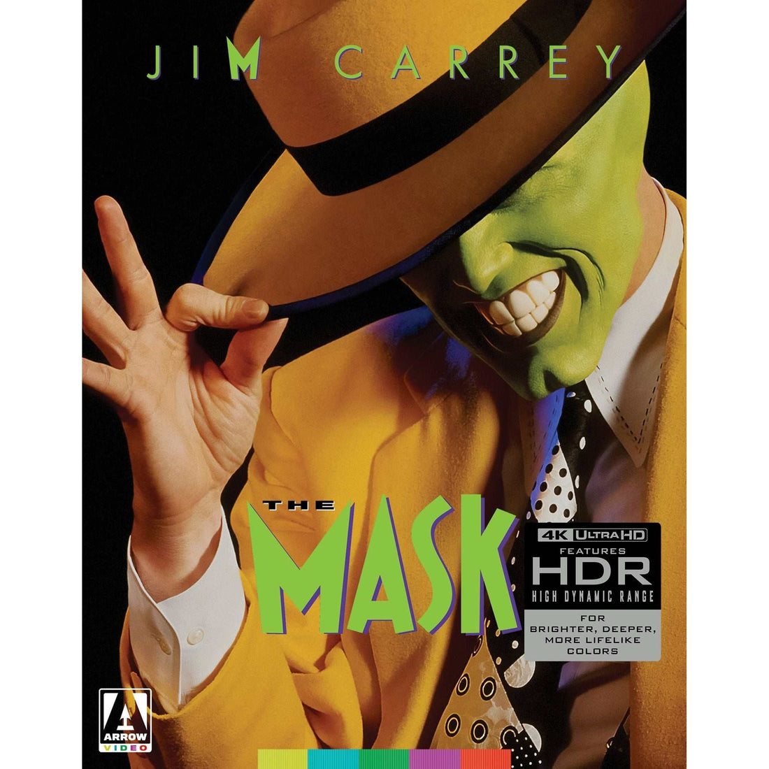 The Mask Limited Edition 4K UHD Blu-ray with rigid slipcase, reversible sleeve, collector's booklet, artcards, poster, and exclusive bonus content