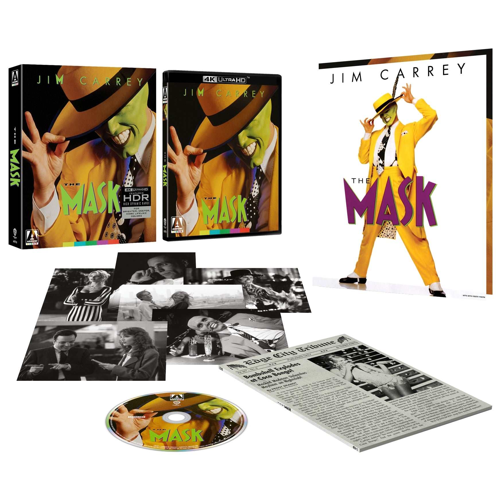 The Mask Limited Edition 4K UHD Blu-ray with rigid slipcase, reversible sleeve, collector's booklet, artcards, poster, and exclusive bonus content