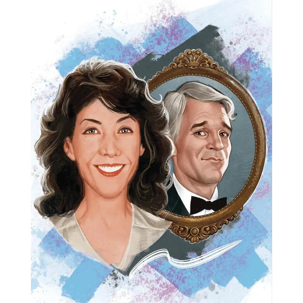 Illustration of a smiling woman and a man in a tuxedo inside an ornate golden frame for the All Of Me 1984 Blu-Ray pre-order with limited edition slipcover