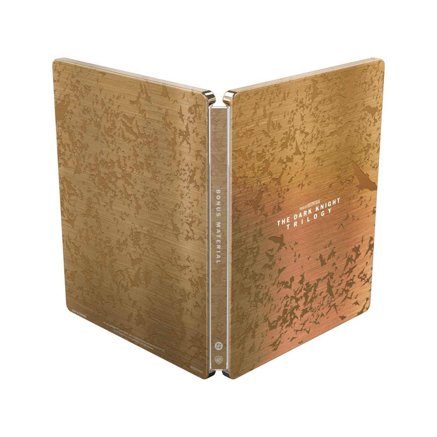 Batman The Dark Knight Trilogy Limited Edition Steelbook 4K Ultra HD and Blu-Ray set with bronze textured steel outer case and minimalist design