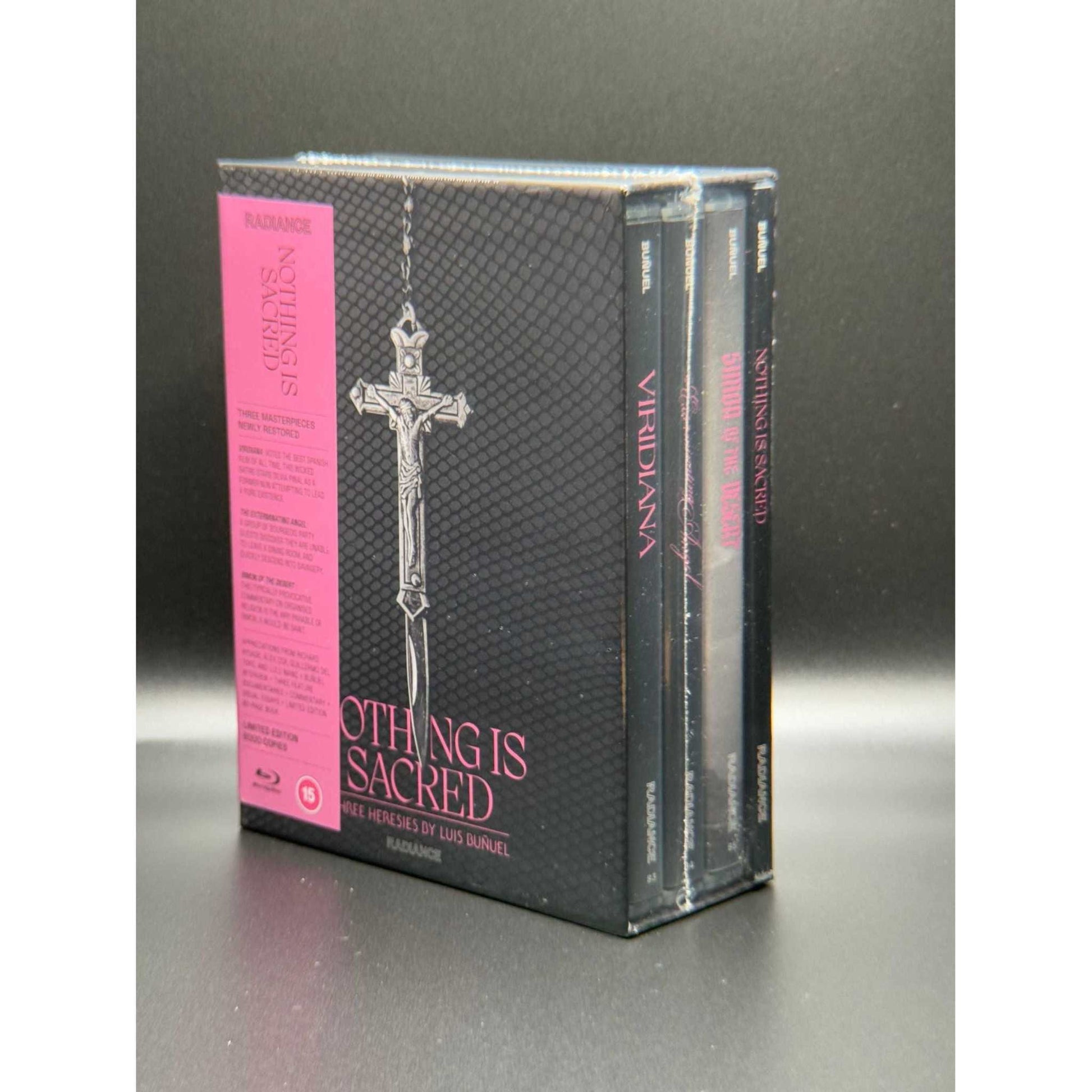 Limited edition Blu-ray box set of "Nothing Is Sacred - Three Heresies by Luis Buñuel" featuring restored films with exclusive content.