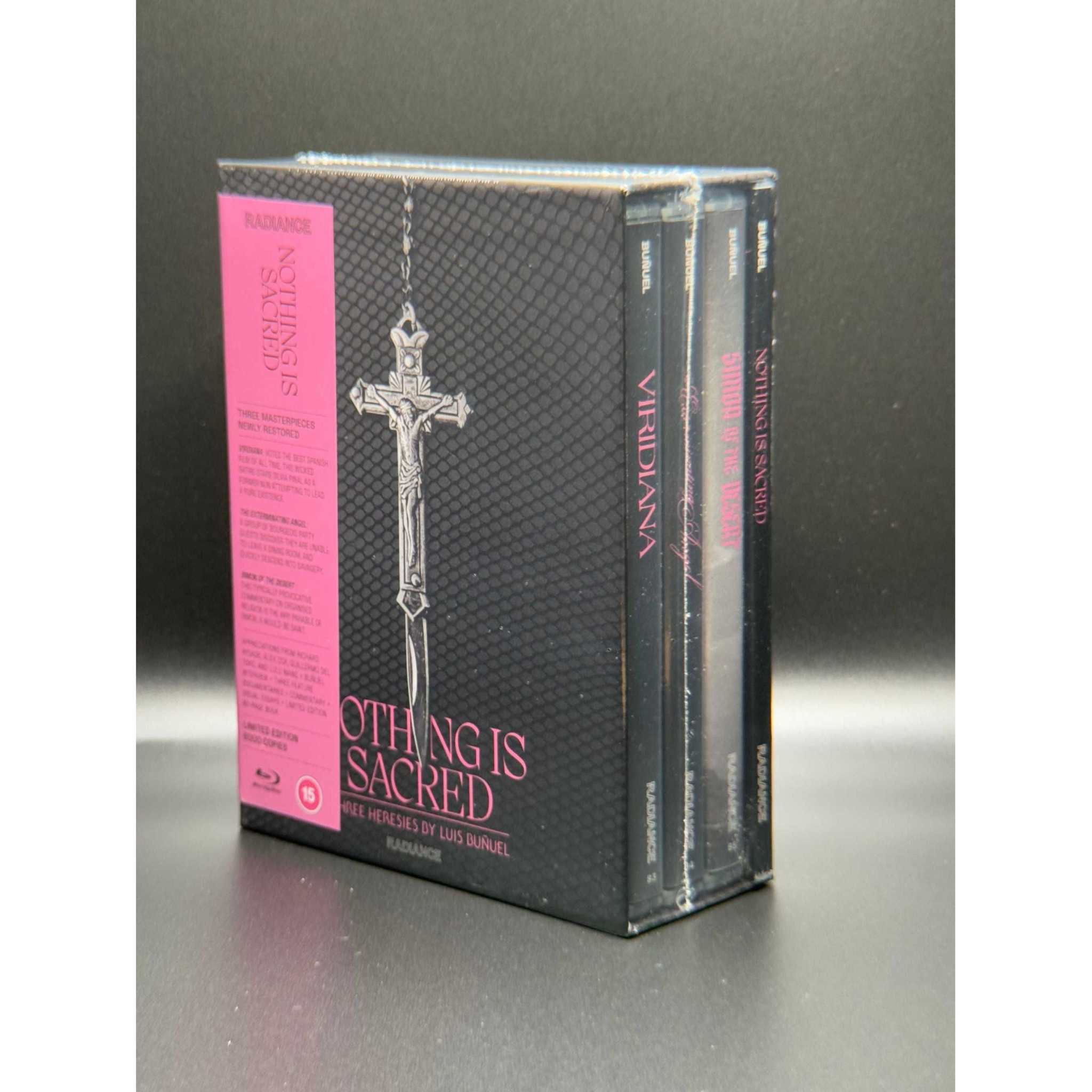 Limited edition Blu-ray box set of "Nothing Is Sacred - Three Heresies by Luis Buñuel" featuring restored films with exclusive content.