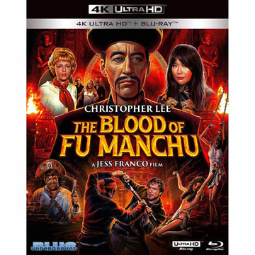Cover art of The Blood of Fu Manchu 4K Ultra HD Blu-Ray featuring Christopher Lee as Fu Manchu with embossed slipcover design