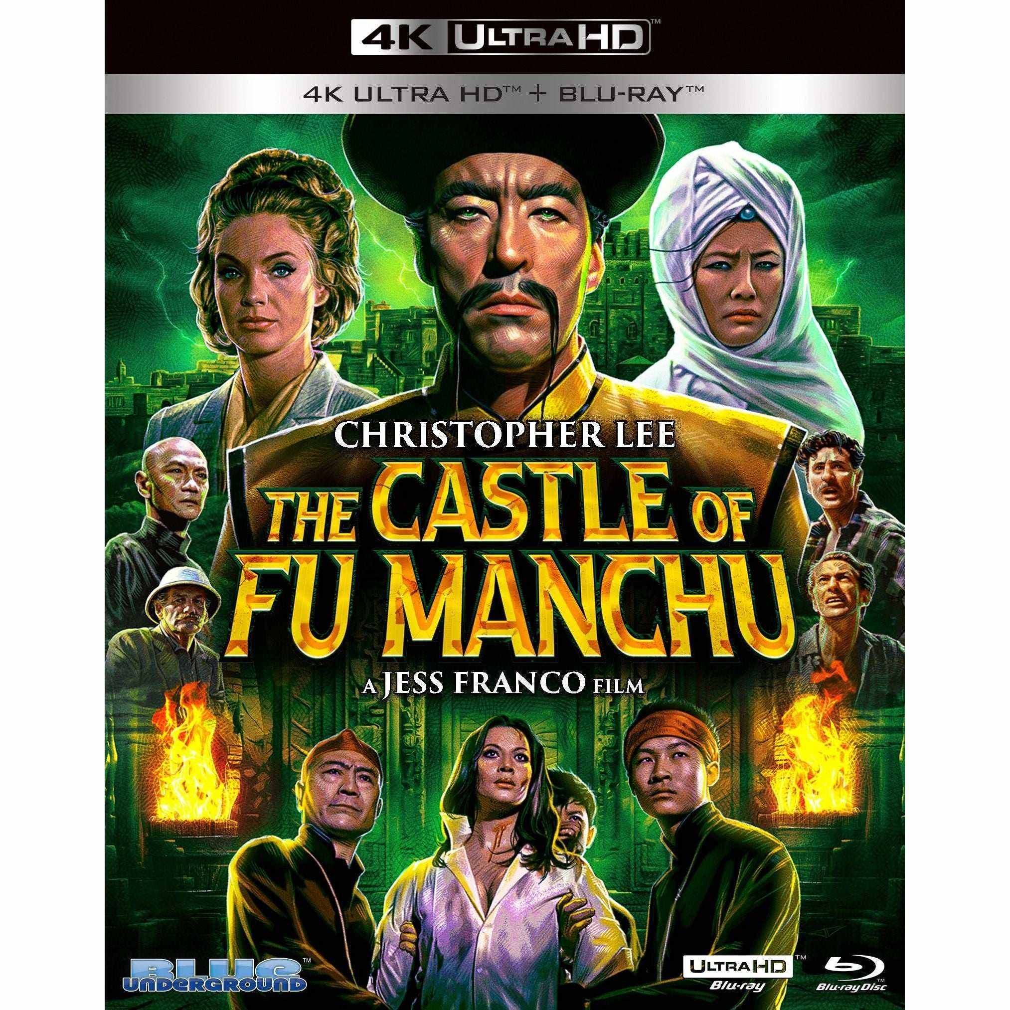 The Castle of Fu Manchu 4K Ultra HD and Blu-ray movie cover featuring main characters and embossed slipcover design