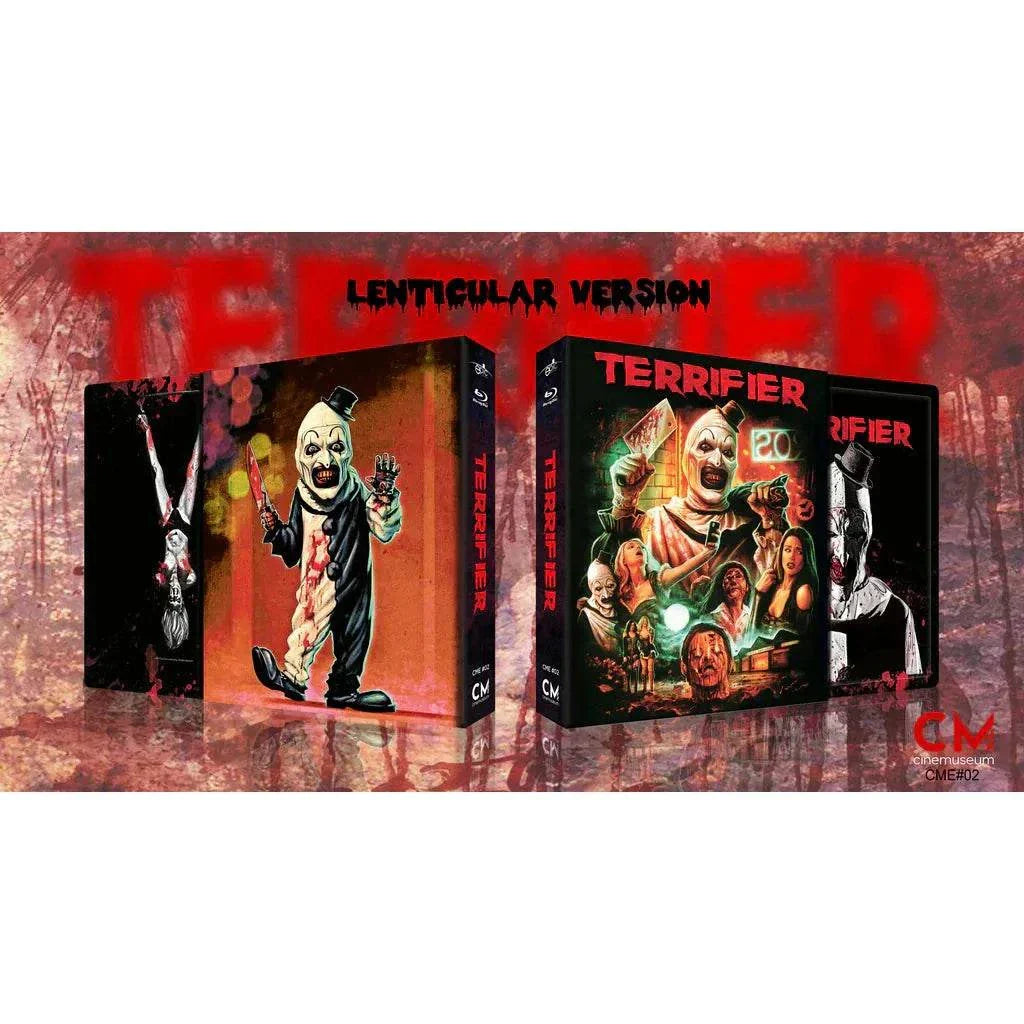 Terrifier Blu-Ray and DVD steelbook collector's edition with exclusive lenticular full slip, photo booklet, postcards, poster, and special gift horn in a CineMuseum exclusive box set.