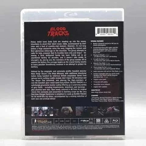 Vinegar Syndrome Blood Tracks Blu-Ray back cover with slipcover and special features list.