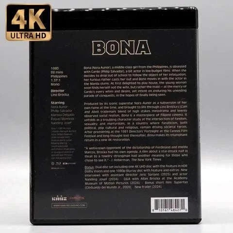 Kani - Bona 4K UHD and Blu-Ray slipcover featuring restored Filipino film Bona directed by Lino Brocka with Nora Aunor.