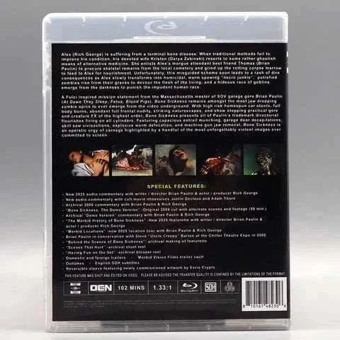 Back cover of Saturn's Core Bone Sickness Blu-Ray featuring film synopsis, special features list, production credits, and a barcode.