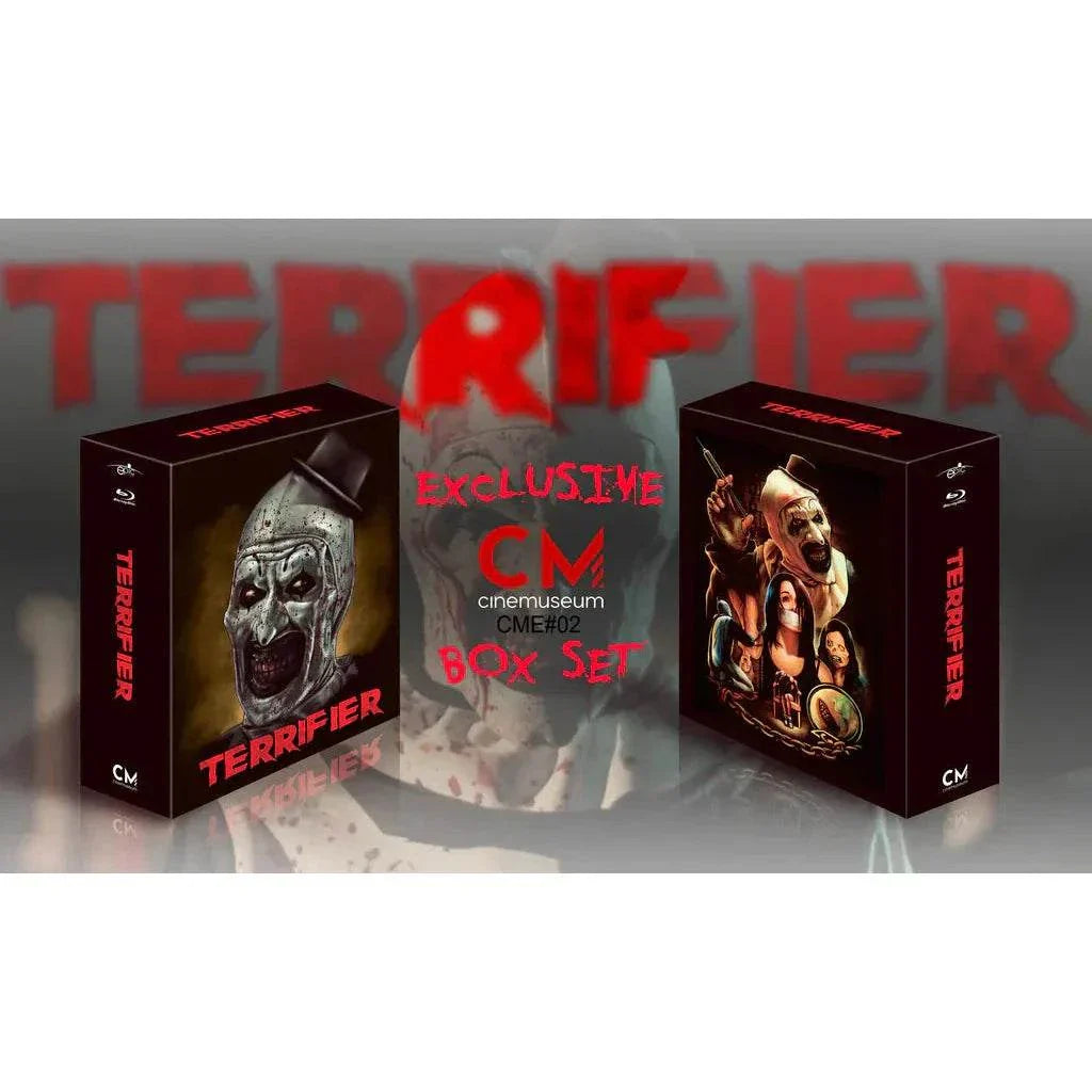 Terrifier Blu-Ray and DVD Steelbook edition featuring Art the Clown with exclusive CineMuseum packaging and bonus content.