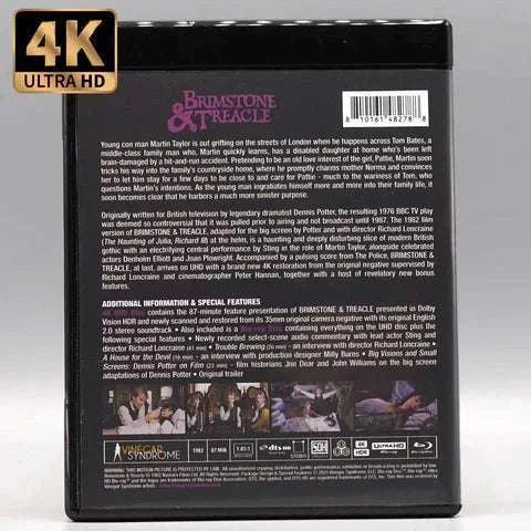 Brimstone & Treacle 4K UHD + Blu-Ray with slipcover featuring Sting, restored in 4K, with bonus features.