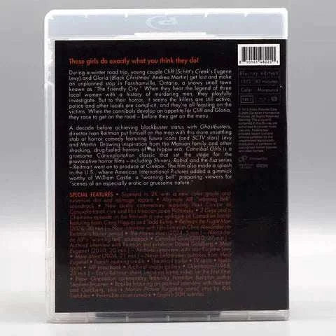 Cannibal Girls Blu-Ray cover showing red text on a black background with special features and summary details.