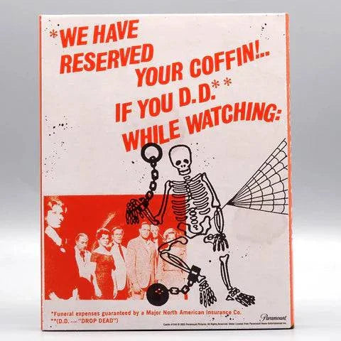 Vinegar Syndrome Labs Castle of Evil Blu-Ray slipcover featuring skeleton and vintage film characters with bold red text warning.