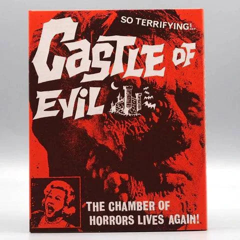 Vinegar Syndrome Labs Castle of Evil Blu-ray with slipcover featuring vintage horror movie artwork in red and black colors
