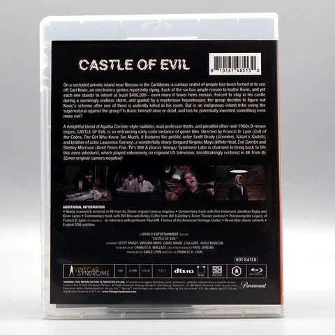 Vinegar Syndrome Labs Castle of Evil Blu-Ray with slipcover showing detailed back cover synopsis and movie stills