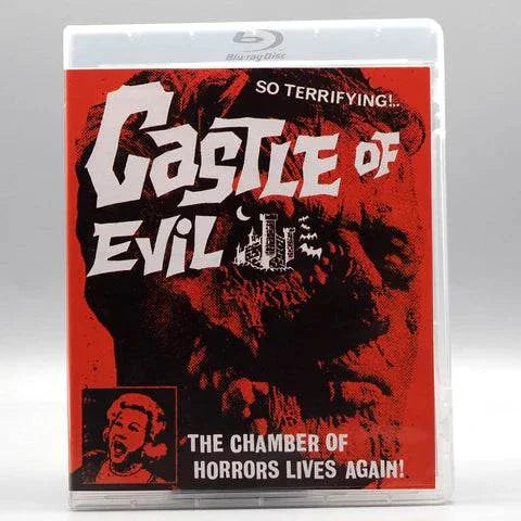 Vinegar Syndrome Labs Castle of Evil Blu-ray with red and black horror-themed slipcover featuring a screaming woman and a dark castle illustration.