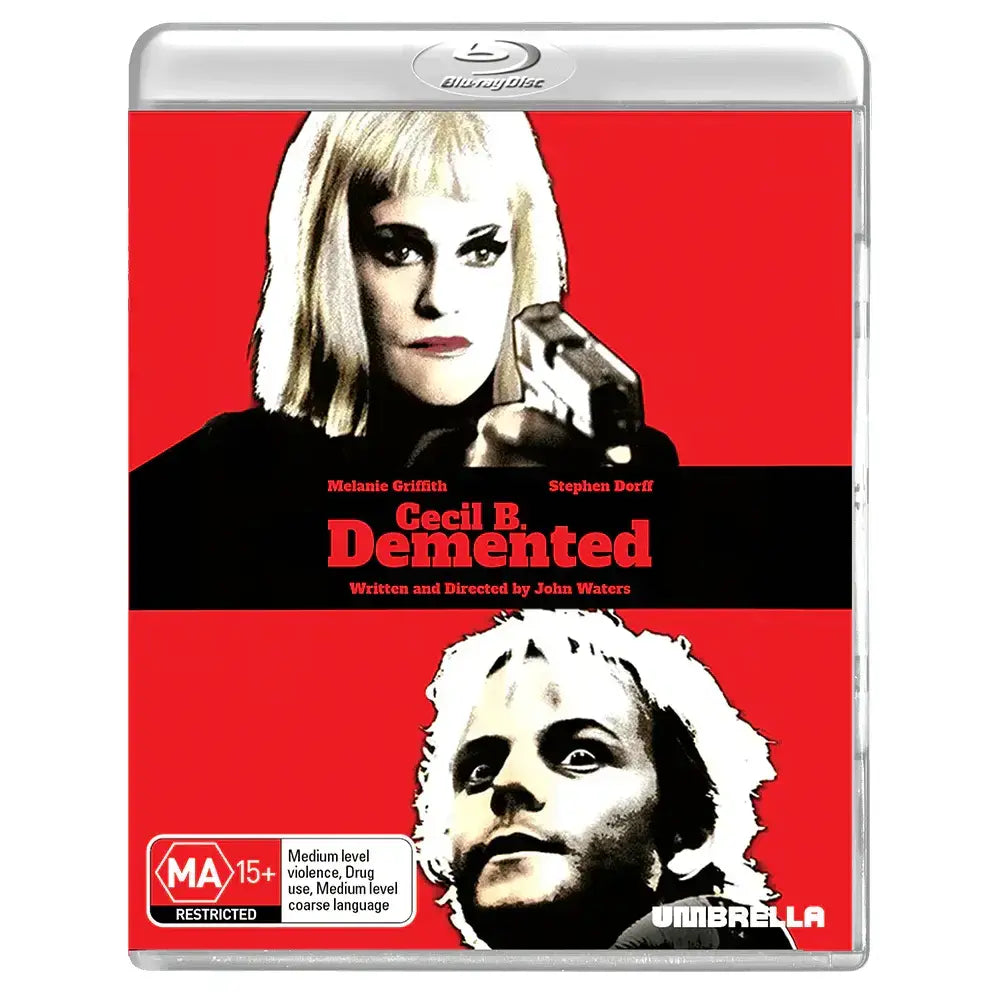 PRE-ORDER Cecil B. Demented 2000 Blu-Ray with limited edition slipcover featuring Melanie Griffith and Stephen Dorff on red background