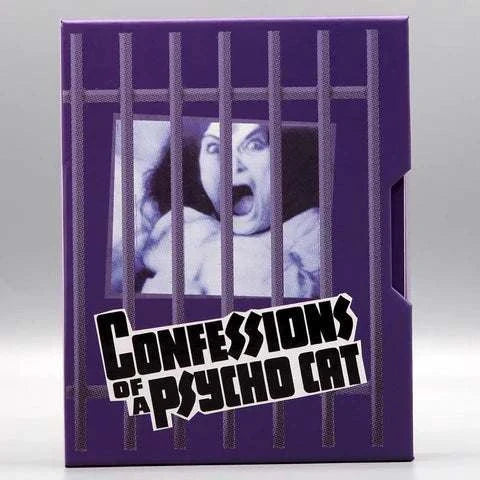 Confessions of a Psycho Cat Blu-ray slipcase with purple bars and a screaming woman image
