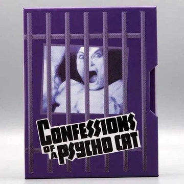 Confessions of a Psycho Cat Blu-ray slipcase with purple bars and a screaming woman image