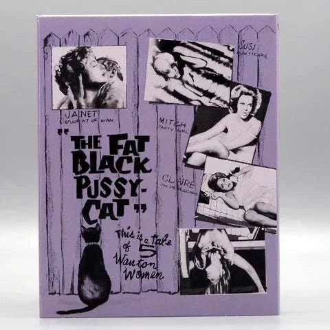 Blu-ray slipcase cover for The Fat Black Pussycat featuring black cat and vintage film stills on purple background