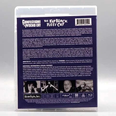 Blu-ray cover of Confessions of a Psycho Cat and The Fat Black Pussycat with slipcase and booklet, featuring restored 4k film editions and bonus features.