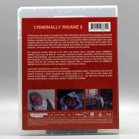 Criminally Insane 2 Blu-Ray with slipcover featuring newly restored classic film and bonus content.