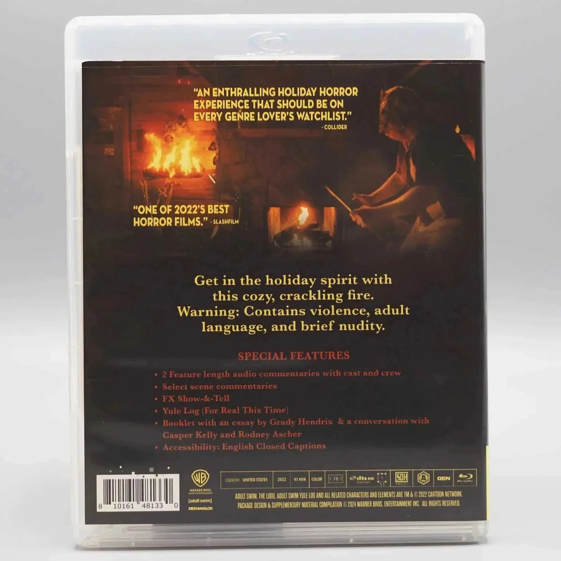 Dekanalog Adult Swim Blu-Ray Yule Log with lenticular slipcover back cover showing holiday horror movie features and warnings