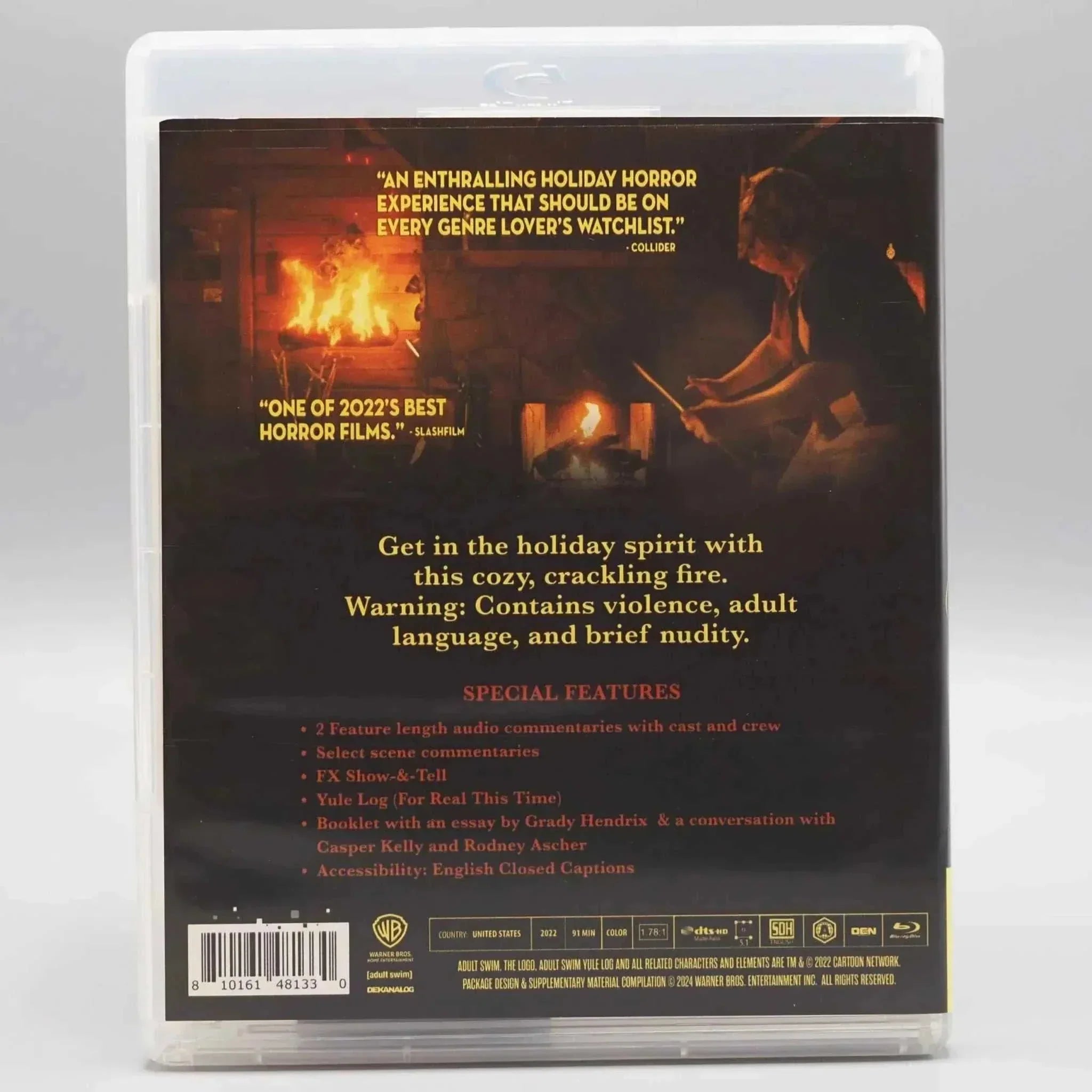 Dekanalog Adult Swim Blu-Ray Yule Log with lenticular slipcover back cover showing holiday horror movie features and warnings