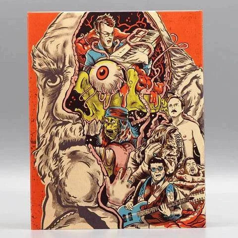 Destroy All Neighbors Blu-Ray slipcover with vibrant, horror-themed artwork featuring monstrous and musical elements.