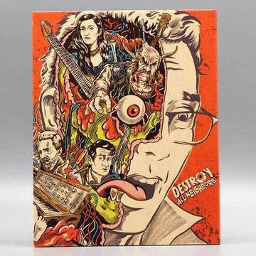 Shudder "Destroy All Neighbors" Blu-Ray with slipcover featuring eclectic, colorful artwork.