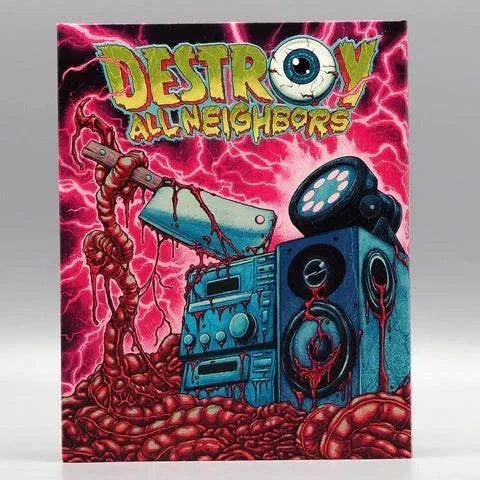 Shudder "Destroy All Neighbors" Blu-ray cover with vivid zombie-themed artwork.