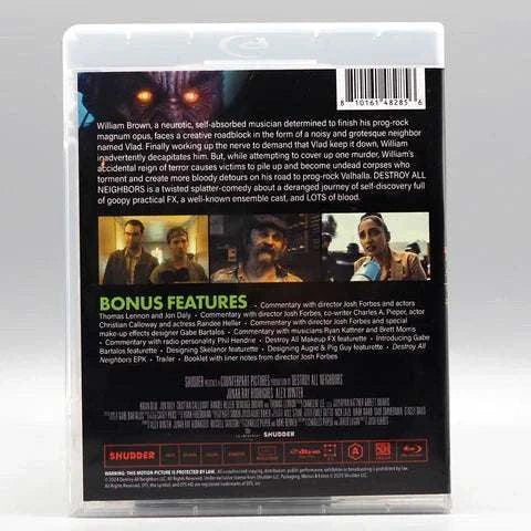 Destroy All Neighbors Blu-Ray cover with bonus features and movie description.