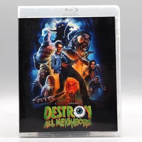 Blu-ray cover of "Destroy All Neighbors" with vibrant artwork featuring characters, guitar, and supernatural elements.