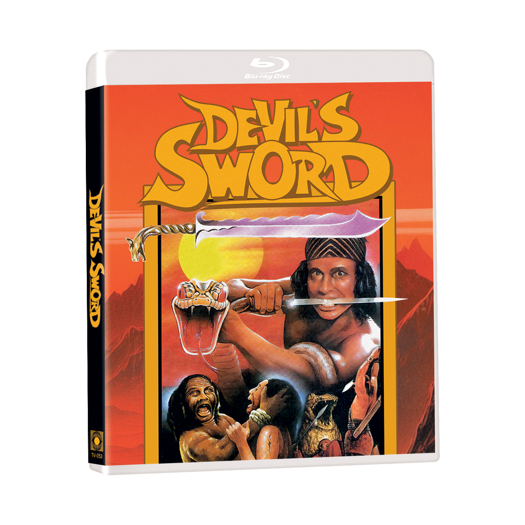 Limited-edition Blu-ray slipcover of The Devil’s Sword (1984) featuring a fierce warrior woman and dragon heads artwork